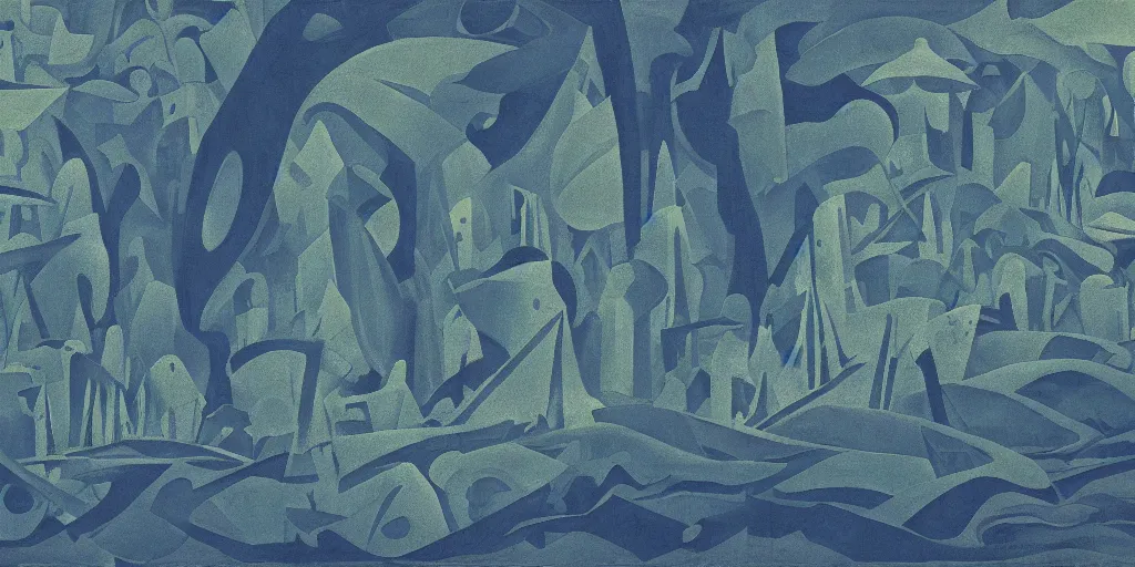 Image similar to The artwork by Aaron Douglas of the cinematic view of a forest of giant diatoms