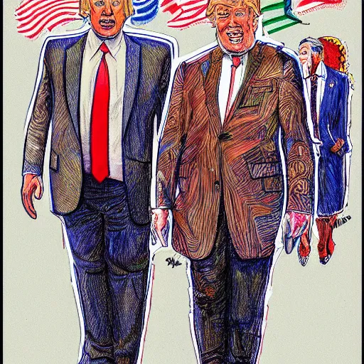 Image similar to !dream The Artwork of R. Crumb and his Cheap Suit Donald Trump and Jared Kushner, pencil and colored marker artwork, trailer-trash lifestyle