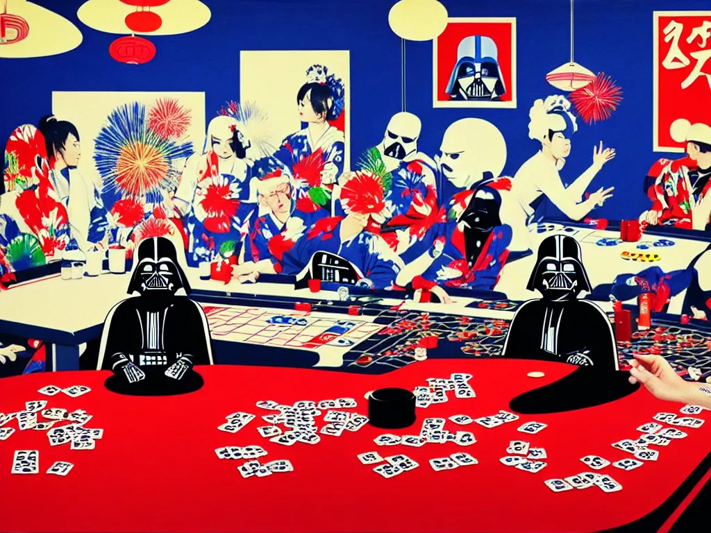 Prompt: hyper - realistic composition of a room with an extremely detailed poker table, woman in traditional japanese kimono standing nearby, darth vader sitting at the table, fireworks in the background, pop art style, jackie tsai style, andy warhol style, acrylic on canvas, dull palette