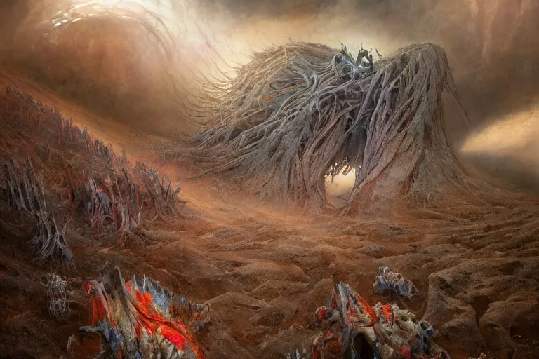 Prompt: prophecy, vivid colors, hallucination, amazing concept painting by Jessica Rossier and HR giger and Beksinski, the middle of a valley, it was full of bones, bones that were very dry, there was a noise, a rattling sound, and the bones came together, bone to bone , I looked, and tendons and flesh appeared on them and skin covered them, but there was no breath in them and breath entered them, they came to life and stood up on their feet a vast army