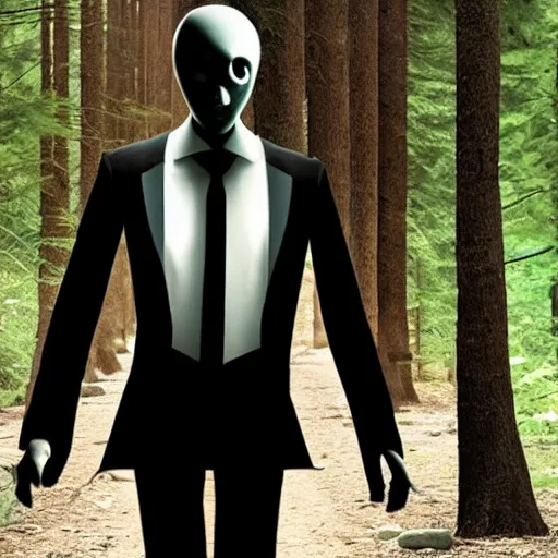 Prompt: slenderman walking with a 20 years women!! throw forest