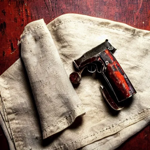 Prompt: An old rusty pistol on a napkin, deeply rusted, water damage, bullet beside it,