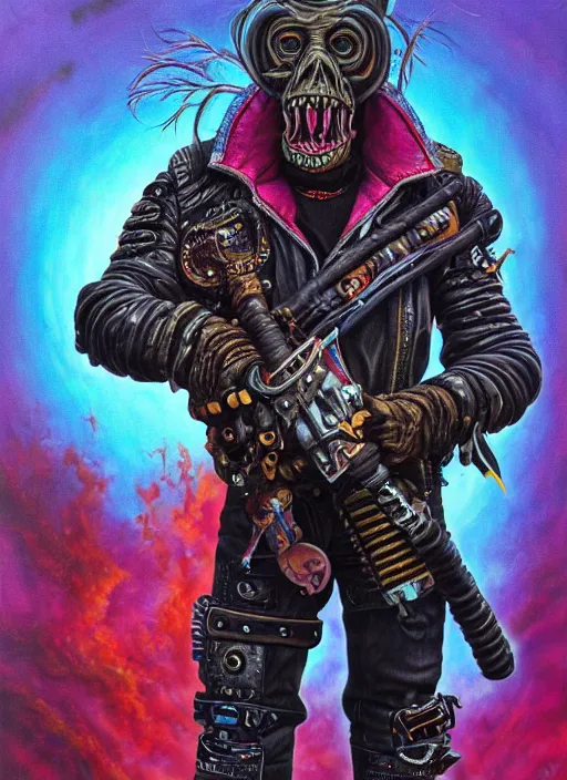 Prompt: an apocalyptic scifi orcish biker character, fashionable standing pose, professional photo, psychedelic vibrant colors, futuristic punk rock fashion, highly detailed oil painting by michael whelan art, perfect face, sharp focus, detailed eyes, realistic, leather jacket, 8 k, michael whelan art