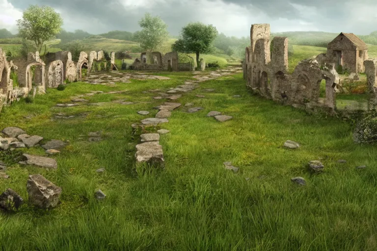 Prompt: a grass land and ruins and small bustling fixed village and tan pathways and people, 4 k, 8 k, photorealistic landscape, landscape imagery, 4 k luminous lighting, volumetric lighting,