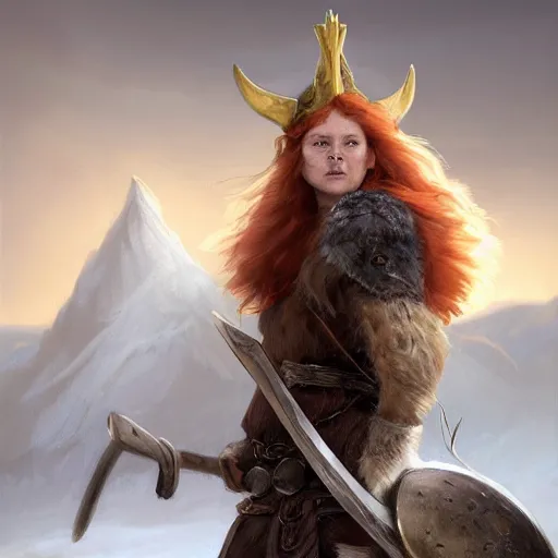 Image similar to an female viking with a helmet and ginger hair smilling, blizzard mountains backround, village, digital painting, artstation, concept art, soft light, hdri, smooth, sharp focus, illustration, fantasy, intricate, elegant, highly detailed, D&D, matte painting, in the style of Greg Rutkowski and Alphonse Mucha and artemisia, 8k,