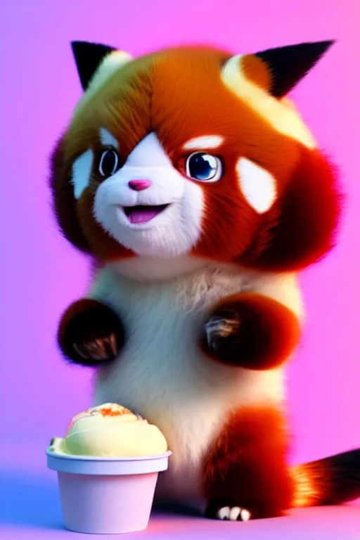 Image similar to high quality 3 d render hyperrealist very cute pastel fluffy! grumpy dragon red panda hybrid eating giant ice cream full body, vray smooth, in the style of detective pikachu, hannah yata charlie immer, dramatic pink light, low angle, uhd 8 k, sharp focus