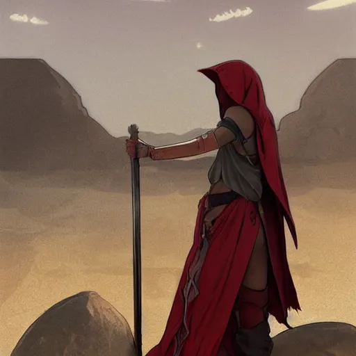 Prompt: view from the back warrior holding two swords, full body worn out torn cape, red hoodie, worn out clothes, floating spiral sand, desert, full body shot, anime style, 90's modern art, art by artgerm and greg rutkowski and alphonse mucha