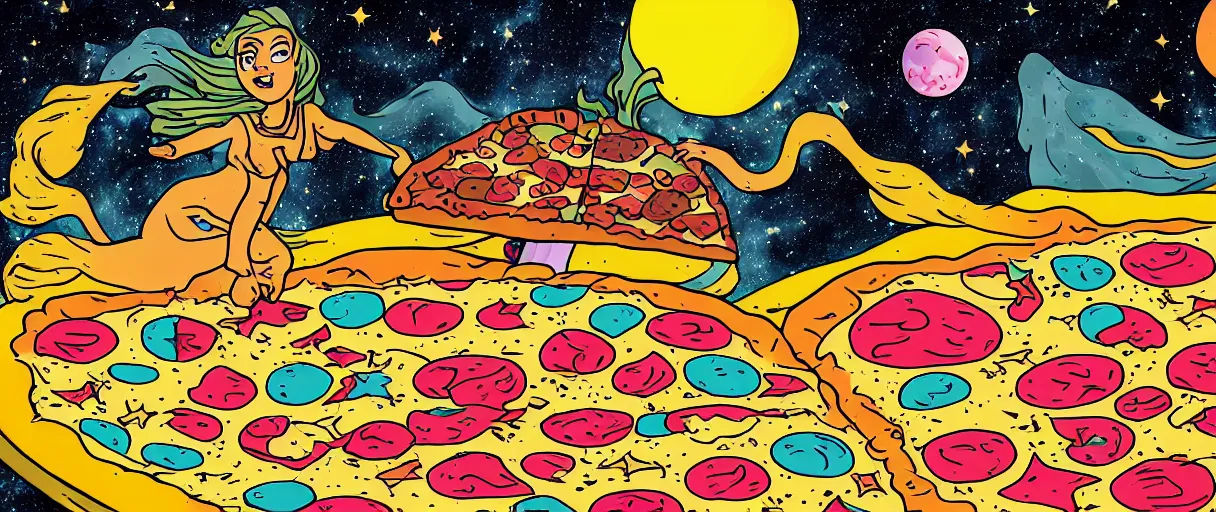 Prompt: a hore riding across the stars on a big pizza, comic style, colorful, 4 k, high details