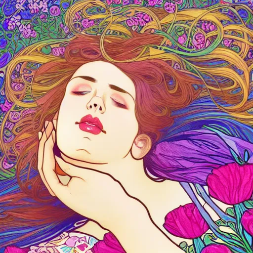 Image similar to a woman sleeping in the middle of flowers, confident pose, intricate, elegant, illustration, sensual, highly detailed, concept art, impressionist, art nouveau, trending on artstation, lisa frank, alfons mucha