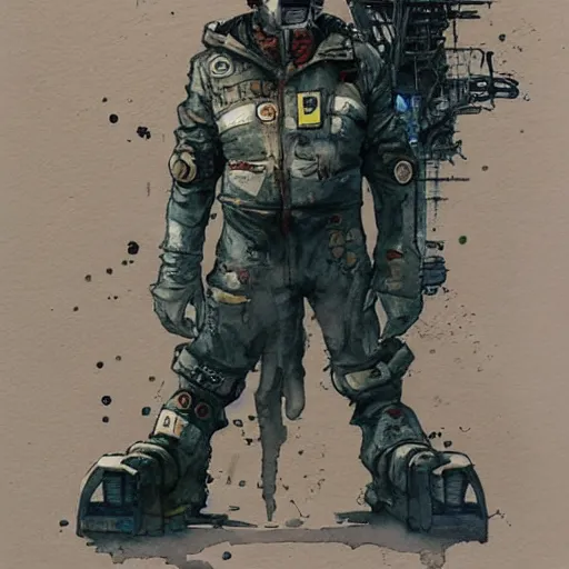 Image similar to watercolor of a cyberpunk mechanic, realistic, detailed, Industrial Scifi, in the style of Ashley Wood and Moebius