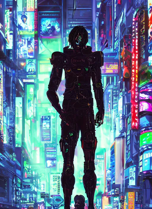 Prompt: Male cyborg, battle-damaged, wearing black leather trenchcoat, standing on neon-lit street corner”, 3/4 view, cyberpunk, Digital art, detailed background, anime, vibrant colors, artist Katsuhiro Otomo