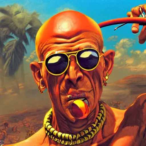 Image similar to hunter s. thompson as dhalsim street fighter, ultra realistic, concept art, intricate details, highly detailed, photorealistic, octane render, 8 k, unreal engine, art by frank frazetta, simon bisley, brom