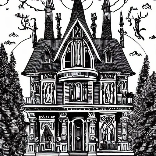 Prompt: mcbess illustration of a gothic mansion with an ansel adams backdrop