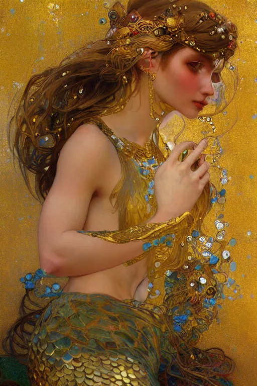 Image similar to an intricate painting of a beautiful young mermaid with klimt golden motives and textures, hyper detailed, ornamental gold headpiece, octane render, vivid colors, artstation, by jeremy mann, by alphonse mucha, by boris vallejo