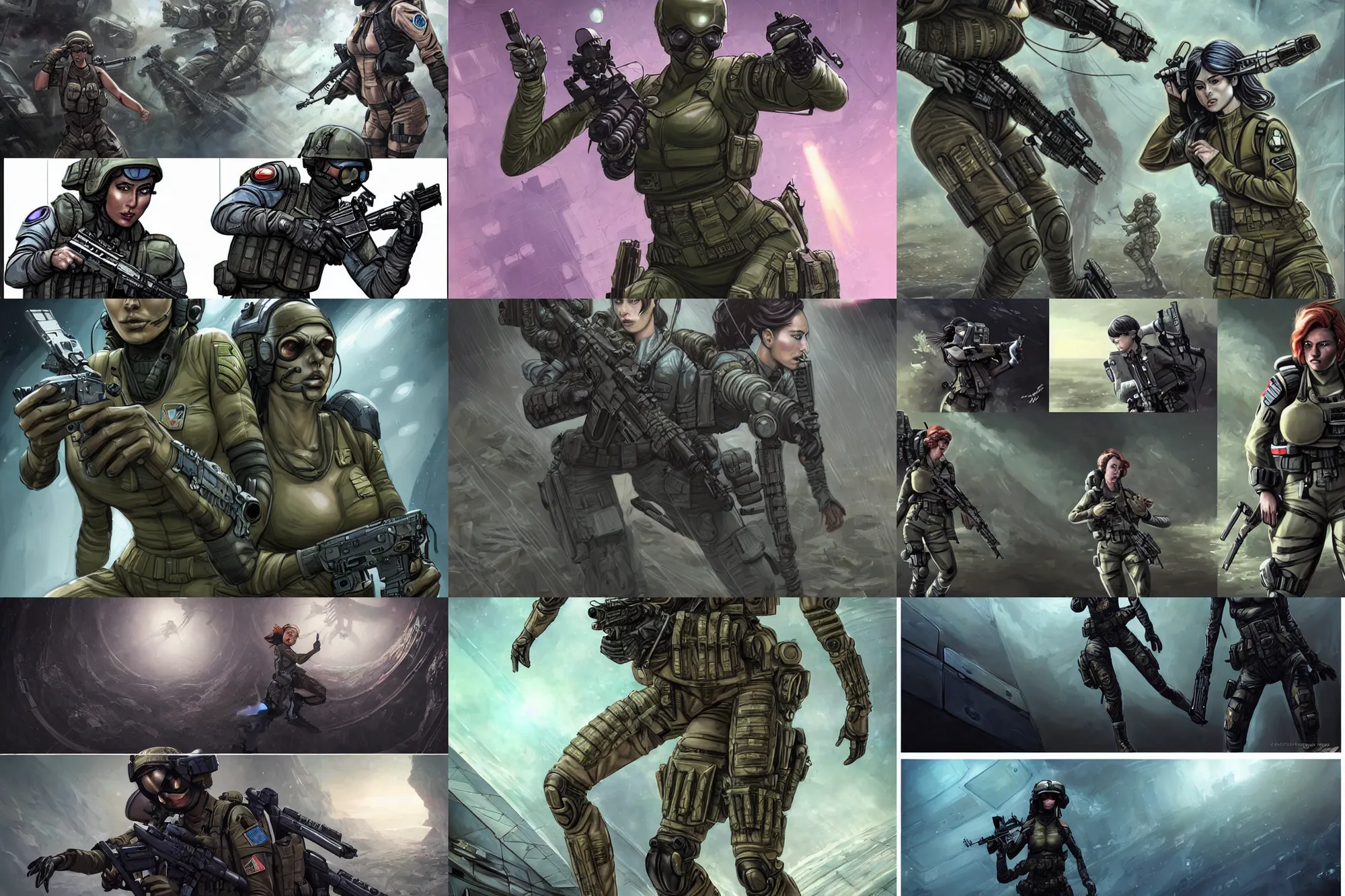 Prompt: incredible comic panels showing a incredibly beautiful and alluring female special forces soldier fighting against huge alien monsters in an abandoned futuristic military space station, First panel shows close up view of female special forces soldier, Marvel Comics, D&D, fantasy, intricate, elegant, highly detailed, digital painting, artstation, concept art, smooth, sharp focus, illustration, art by artgerm and Hajime Sorayamas and greg rutkowski and alphonse mucha and WLOP, set in post apocalyptic space station, dapped light, large draped cloth, tissue ornament, dark fantasy, feminine figure, smooth skin, gorgeous, pretty face, beautiful fashion model body, high detail, hyper realistic, digital illustration, trending on artstation