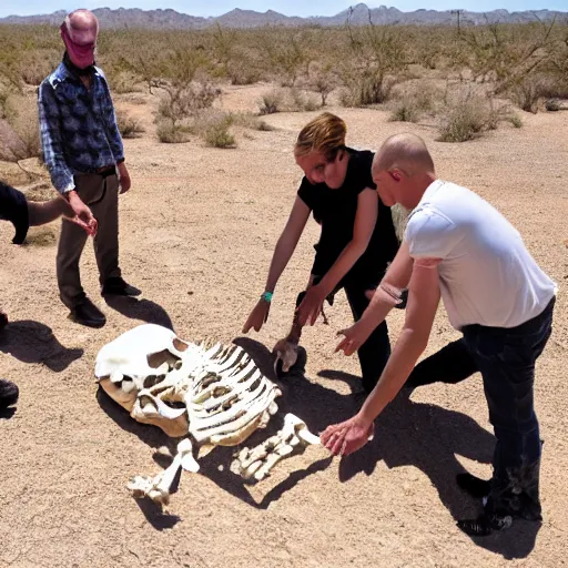 Image similar to Humans finding a skeleton of an unknown species at the desert