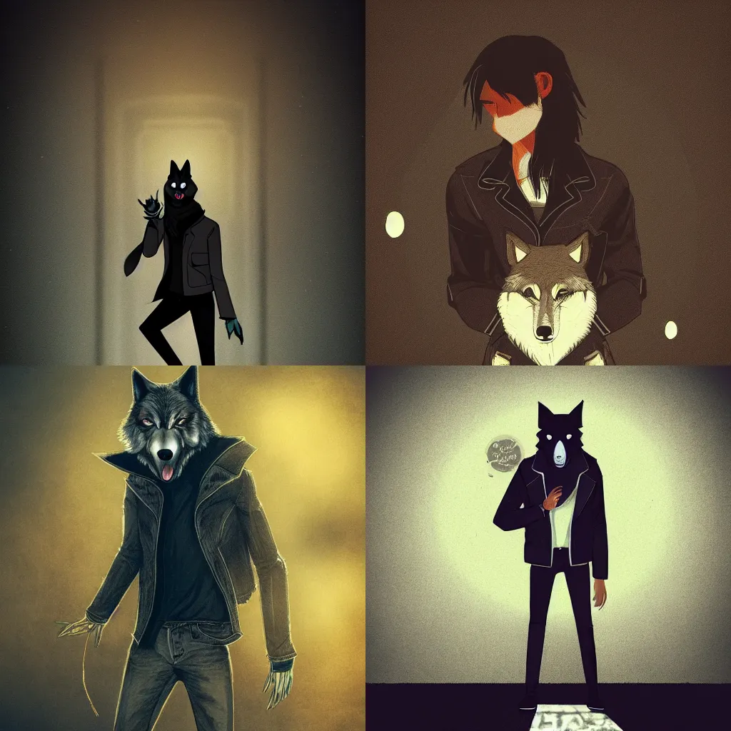 Prompt: an anthropomorphic wolf wearing a black jacket and jeans, living room, urban fantasy, cinematic, lo-fi, atmospheric, bokeh, award-winning, trending on artstation