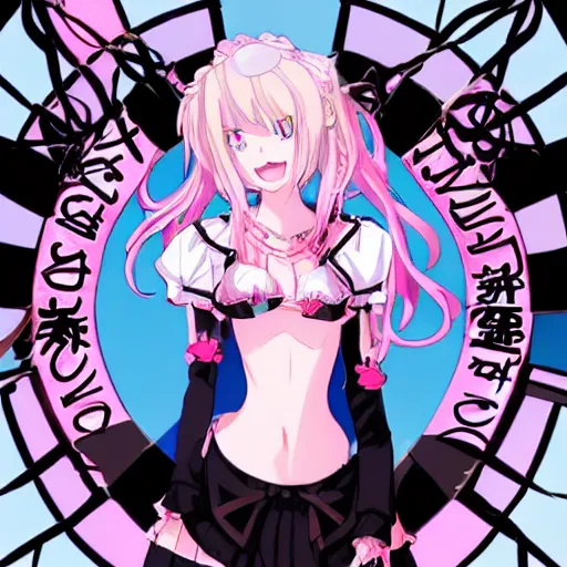 Image similar to stunningly beautiful omnipotent megalomaniacal anime goddess who looks like junko enoshima with symmetrical perfect face and porcelain skin, pink twintail hair and mesmerizing cyan eyes, looking down upon the viewer and taking control while smiling in a mischievous way, mid view from below her feet, hyperdetailed, 2 d anime, 8 k