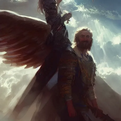 Prompt: the son of god is coming In the clouds with his angels , artstation, Greg rutkowski, cinematic, digital Art