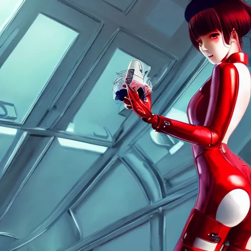 Prompt: girl wearing robotic suit, high detail, back view, tight suit, nurse's leather suit, in red velvet stockings, red bra, high shoes, full length, very anime, fine - face, audrey plaza, realistic shaded perfect face, fine details. anime. realistic shaded lighting poster by ilya kuvshinov katsuhiro otomo ghost