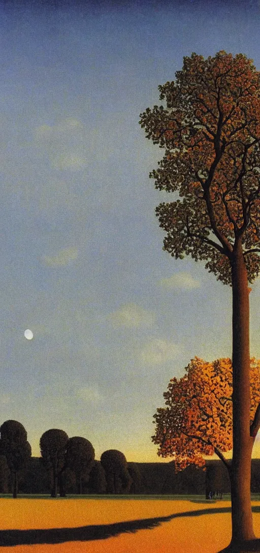 Prompt: Sunset on an autumn day in the park by Rene Magritte