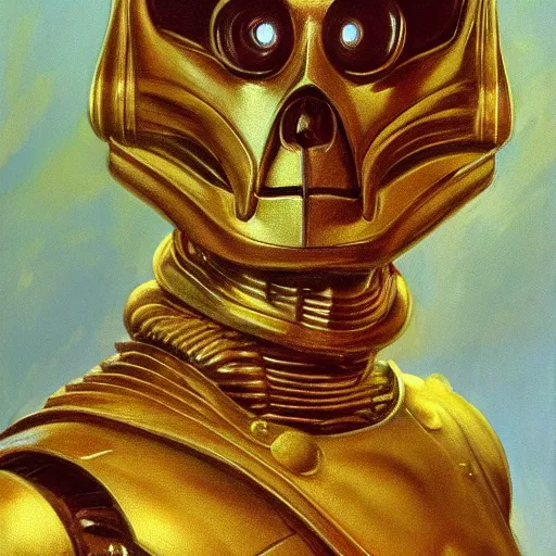 Prompt: ultra realistic portrait painting of skeletor as c 3 po, art by frank frazetta, 4 k, ultra realistic, highly detailed, epic lighting