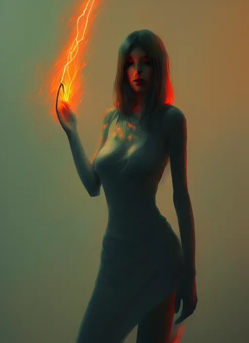 Image similar to satan daughter, wearing, outfit, clothes, full body, fire, hell, lightning, pyromancer, intricate, elegant, highly detailed, digital painting, artstation, concept art, smooth, sharp focus, illustration, ethereal, misty, by ilya kuvshinov and jeremy mann, 8 k, octane render