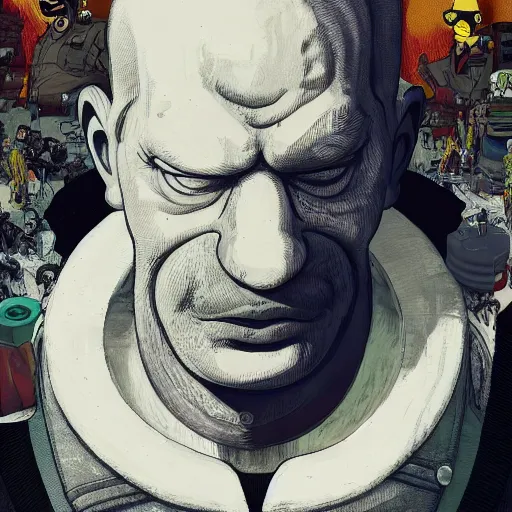 Image similar to highly detailed portrait of a Homer Simpson HeadHunterz ((HeadHunterz)) by Akihiko Yoshida, Greg Tocchini, Greg Rutkowski, Cliff Chiang, 4k resolution, persona 5 inspired, hardstyle music inspiration