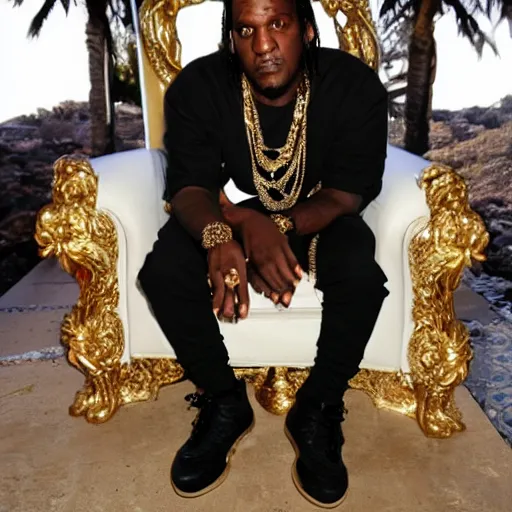 Image similar to pusha t sitting on a throne that is made of cocaine