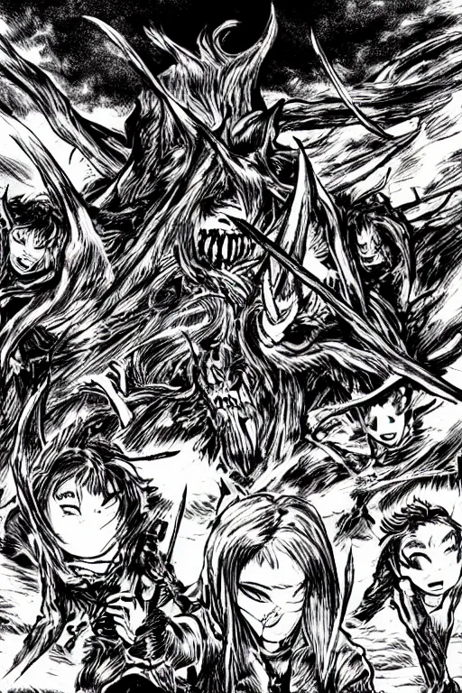 Image similar to demons attacking humans far away, fire, field, horror, trees, manga style,