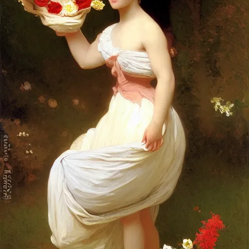 Image similar to An anthropomorphic fox girl with flowers in a dress, by Thomas Cole, William-Adolph Bouguereau, and John Singer Sargent, fox girl holding flowers