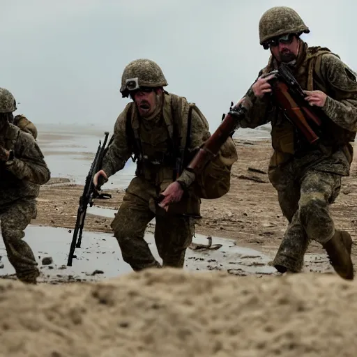 Image similar to american soldiers running at the camera with rifles during normandy beach landing with fiery explosions and debris and dead bodies and limbs all around them in the style of the movie lone survivor and saving private ryan, gritty, 4 k, cinematic lighting, rule of thirds, high power explosions causing bodies to explode with bloody pieces