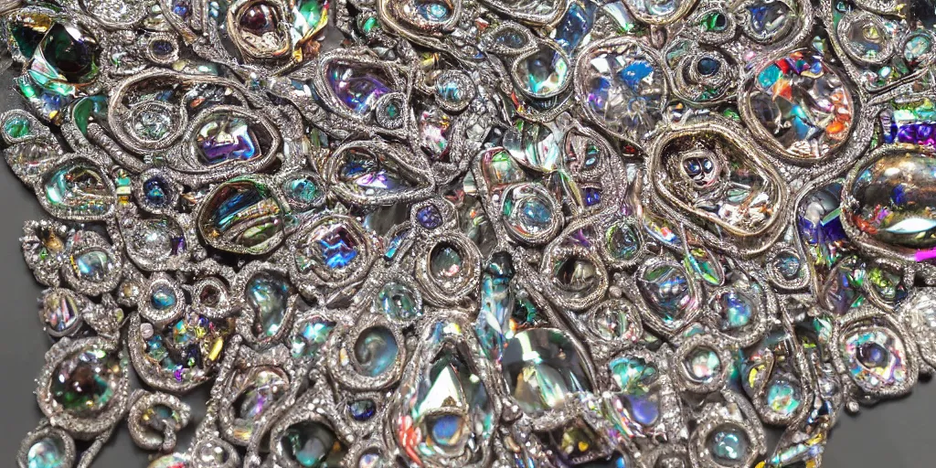 Image similar to an incredibly hyper realistic photorealistic polished multifaceted organic superstructure encrusted with fine detailed intricate priceless gems & jewels with liquid metals flowing throughout reflecting volumetric neon soft glow