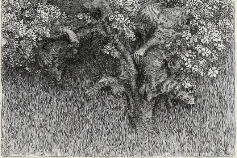 Prompt: portrait of tiger hiding in the flowers, Gustave Dore lithography