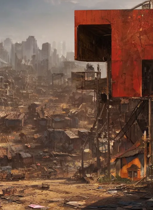 Image similar to A professional digital painting of a far-future city, rust, corrugated metal, shanty town, by Greg Rutkowski and James Gurney, trending on Artstation