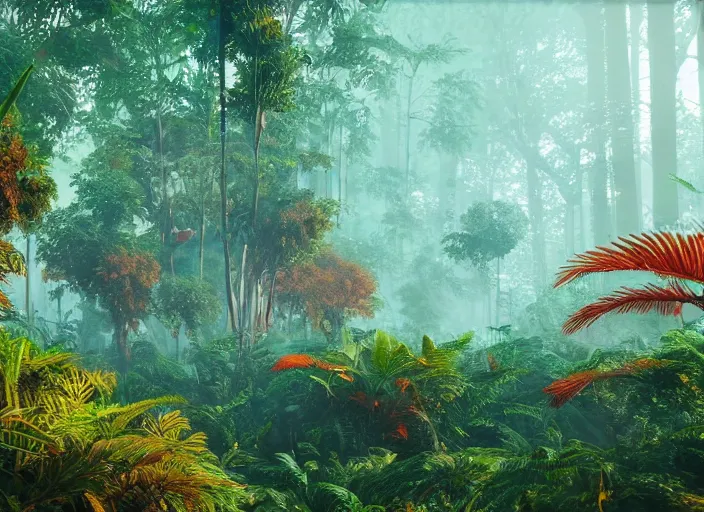 Image similar to a lush alien forest, teal sky, orange plants, birds in flight, humid alien jungle, atmospheric, exotic, unreal engine, trending on artstation