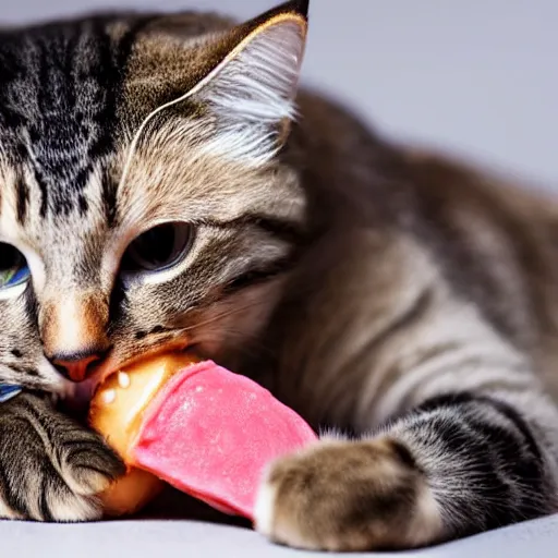 Prompt: photo of Cat biting into a juicy pink hamburger