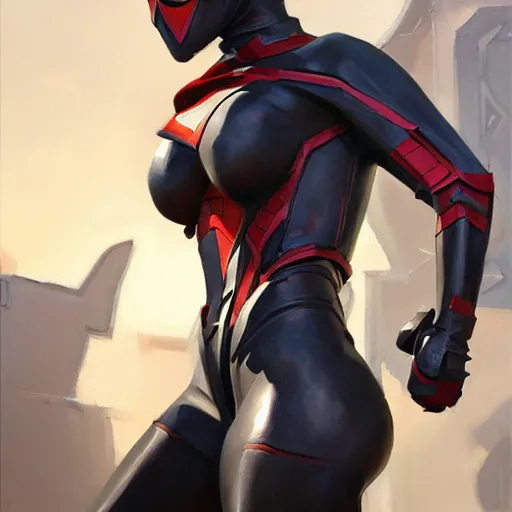 Image similar to greg manchess portrait painting of an armored dark female iron spiderman as overwatch character, medium shot, asymmetrical, profile picture, organic painting, sunny day, matte painting, bold shapes, hard edges, street art, trending on artstation, by huang guangjian, gil elvgren, ruan jia, greg rutkowski, gaston bussiere