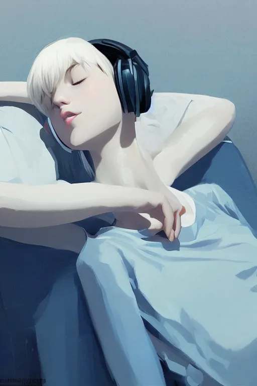 Image similar to a cute young woman lying on a couch while listening to music with her eyes closed and wearing headphones by Ilya Kuvshinov and Range Murata, white bob cut hair, blue filter, blue and white, soft lighting, atmospheric, cinematic, moody, digital painting, 8k