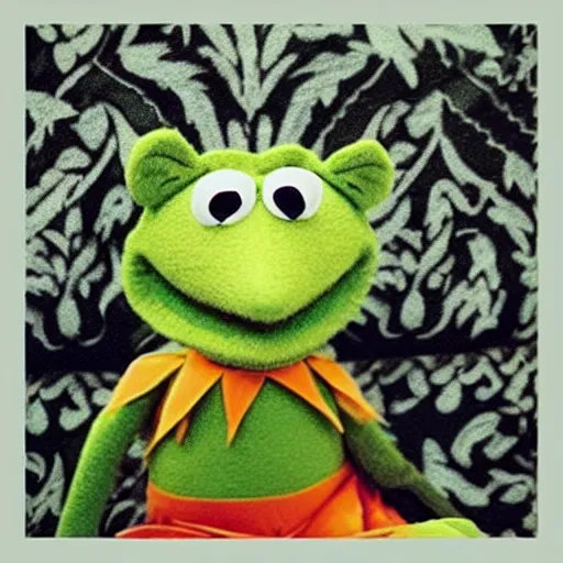 Image similar to “ kermit the frog, reclining on a chaise lounge, with the sun shining in the background, fabric, quilt ”