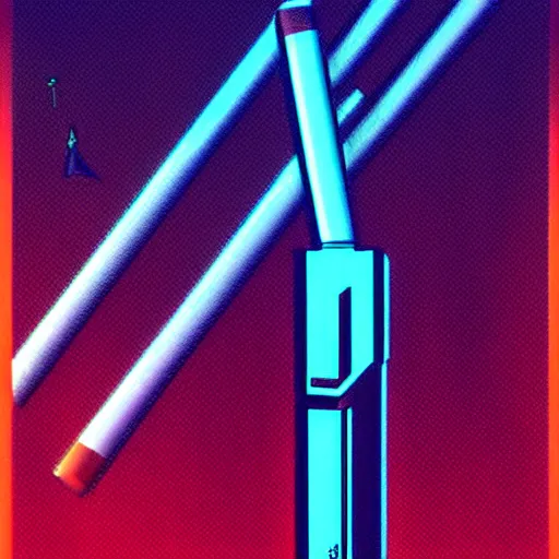 Image similar to A synthwave cigar inspired by Tron, Trending on Artstation, Digital screenshot,. Faded film grain, 1980s Computer Graphics,