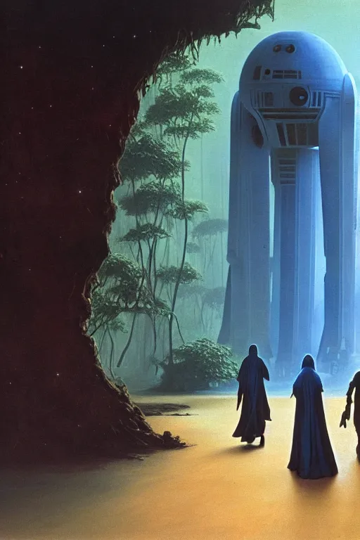 Image similar to emissary a woman walking her two dogs through a blue endor jungle ( designated : ix 3 2 4 4 - a ) in star wars to a magical building designed by zaha hadid, illustrated by arthur haas and bruce pennington and john schoenherr, cinematic matte painting, 8 k, dark color palate