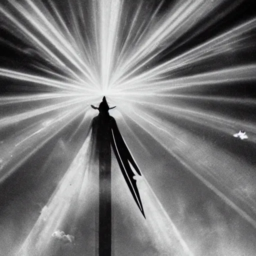 Prompt: an archangel channels a beacon of light through the tip of his sword overhead to the sky, ripples and refractions of light scatter from the tip of his sword pointing towards the sky