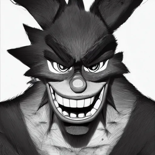 Prompt: upclose portrait of crash bandicoot, kim jung gi, digital art, by hirohiko araki, very detailed picture with lots of emotion, trending on artstation