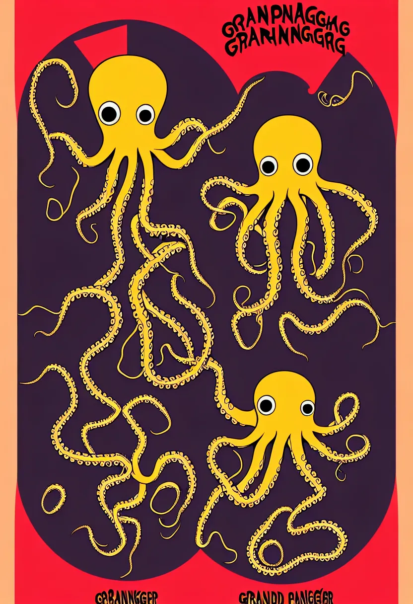 Image similar to concert poster for the band 'GrandpaFinger', symmetrical octopus wearing a top hat, vector art, 8k, highly detailed illustration