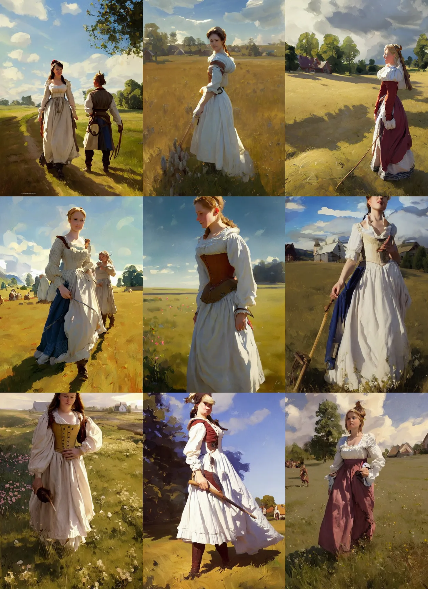 Image similar to finnish norway scandinavian attractive village maiden wearing 1 7 th century bodice walking in the field in a sunny day, jodhpurs greg manchess painting by sargent and leyendecker, studio ghibli, fantasy, medium shot, asymmetrical, intricate, elegant, matte painting, illustration, hearthstone, by greg rutkowski, by greg tocchini, by james gilleard