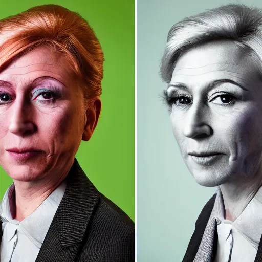 Image similar to corporate portrait, senior sales ceo executive vp, purple green color scheme, professional studio lighting, hyperreal detailed lifelike facial features, corporate portraiture shot by cindy sherman and david lynch