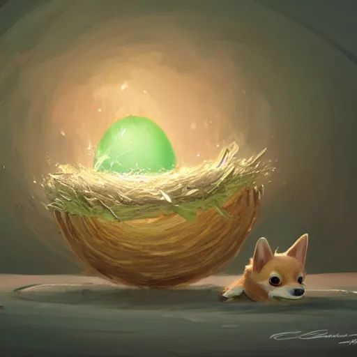 Image similar to concept art of a baby corgi emerging from an egg that looks like a tennis ball in a nest, realistic, detailed, cel shaded, in the style of makoto shinkai and greg rutkowski and james gurney