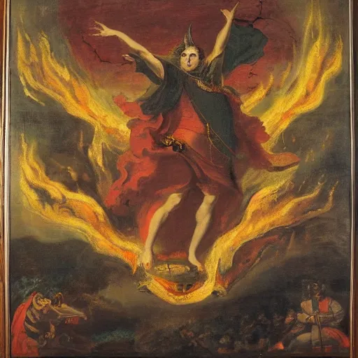 Prompt: 18th century historical painting representing Justin Sun as the Devil, surrounded by flames, royal commission, by Joshua Reynolds, Louvre museum catalog photography