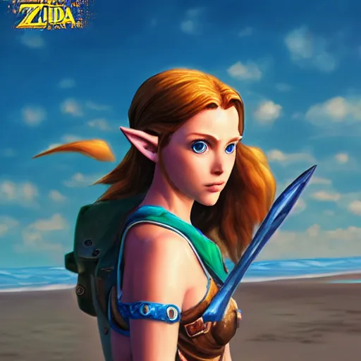 Image similar to a hyper real comic book style portait painting of beautiful zelda on the beach, unreal 5, hyperrealistic, octane render, cosplay, rpg portrait, dynamic lighting